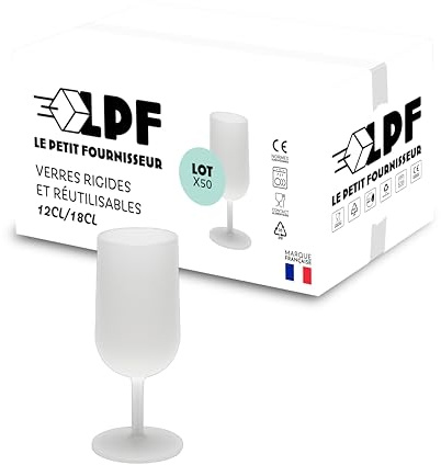 LPF LE PETIT FOURNISSEUR - Lot de 50 Verres à Vin réutilisables 12cl (18cl max) - Polypropylène plastique alimentaire rigide - Verre à pied à eau et vin - Compatible lave-vaisselle - Couleur givrée