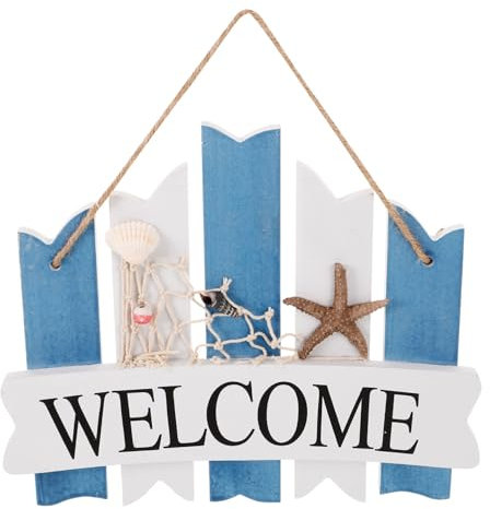 BESPORTBLE Holz Willkommensschild Welcome Mit Seestern Handgefertigte Skulptur Im Mediterranen Stil Zum Aufhängen Nautische Wanddekoration Für Haus