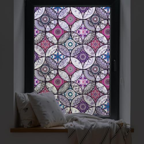dktie Decorative Film Stained Glass Window Film Privacy Protection Film Frosted Glass Film Circles Static Adhesive Privacy Window Sticker (Purple, 90 x 200 cm)
