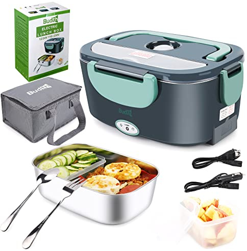 Budth Lonchera eléctrica, calentador de alimentos portátil para coche, camión, oficina, adaptador de 12 V, 24 V, 110 V, a prueba de fugas, recipiente de acero inoxidable 304, tenedor y cuchara SS y