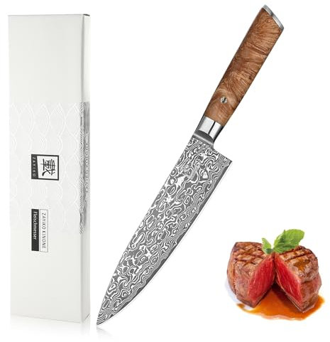 zayiko Kinone Premium Chefmesser mit 20 cm Klinge gefertigt aus 67 Lagen echtem Damaststahl mit Wurzelholzgriff Birke I Damastmesser Küchenmesser und Profi Kochmesser