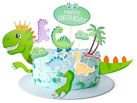 OMIGA Dinosaurier Kuchen Topper Dinosaurier Geburtstag Deko Kuchendeko | Geburtstag Junge Mit Kleber und Holzstock für Kindergeburtstagstorte Dinosaurier Thema Party Deko