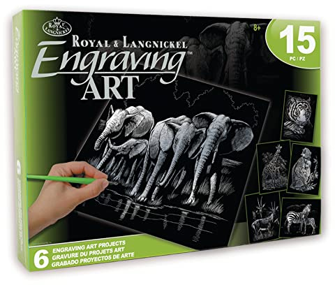 Pracht Creatives Hobby Royal & Langnickel - Kratzbilder Set Exotische Tiere, Silber, 6 Bilder, Elefant, Tiger und Co, Kratzbilder für Kinder und Erwachsene, mit 2 Kratzstiften und Vorlagen