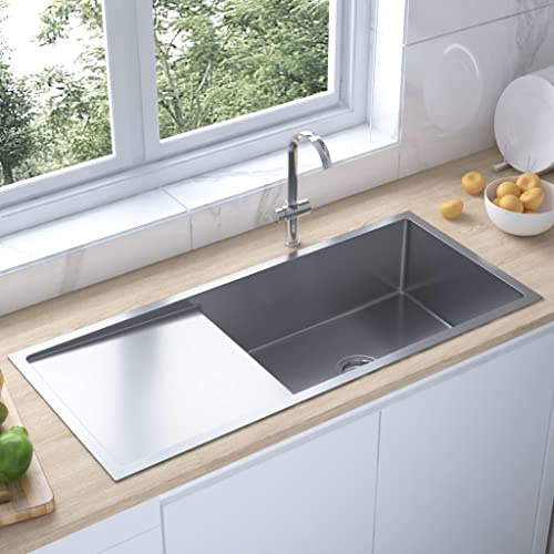 Lavello da Cucina Rettangolare per Mobile Base 40 Cm in Acciaio Inox, Lavello Incasso Silver con Cuscinetti Fonoassorbenti e Gocciolatoio, 100 X 44 X 20 Cm