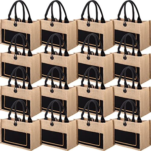Reginary 16 Pcs Jute Burlap Totes Jute Tote Bags Reusable Burlap Beach Bags with Handle for Wedding Gifts, 11.8 x 7.87 x 5.5(Black,Classic)