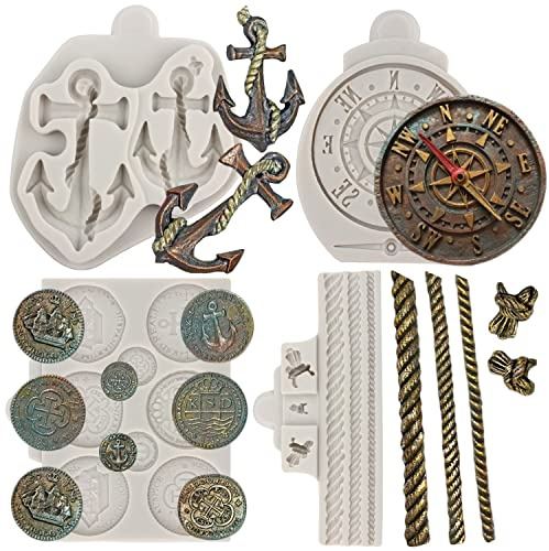 Sijiangmold Piraten-Silikonformen, Anker, Seil, Fondant, Kompass, Schokoladenform, Schatz, Münzen, Süßigkeiten, Form für Kuchendekoration, Schokolade, Polymerton, Gummipaste, Cupcake-Topper, 4 Stück