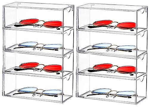 Nicunom 2 Stück Sonnenbrillen-Organizer, Acryl, transparentes Brillenetui mit 4 Schubladen, Brillenaufbewahrung, Vitrine, stapelbarer Brillenhalter für Damen und Herren, Transparent