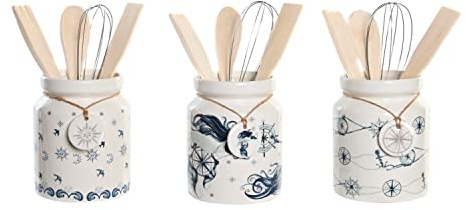 DKD Home Decor Bote para Utensilios de Cocina de la Marca, Color Azul y Blanco, de Metal y Madera MDF (12 x 12 x 25 centímetros) (3 Unidades)