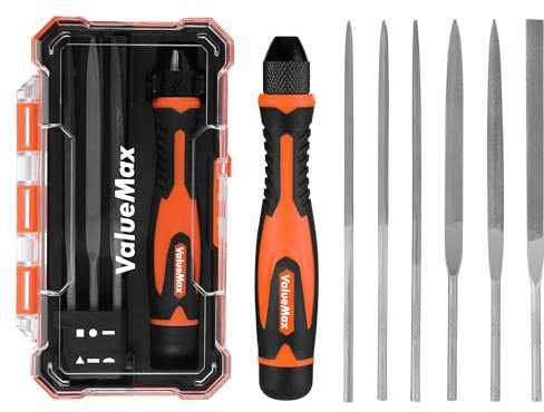 ValueMax Nadelfeilen Set, 7tlg. Mini Feilenset, Auswechselbares Feilensatz mit Flachstumpffeile, Flachspitzfeile, Rundfeile, Halbrundfeile, Vierkantfeile Dreikantfeile, Für Metall Holz Kunststoff