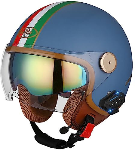 Bluetooth Jethelm Motorradhelm ECE Zertifizierung Integrierter Bluetooth-Helm Jet Scooter Helm Rollerhelm Jet-Helm Herren Damen mit Doppelvisier S,L