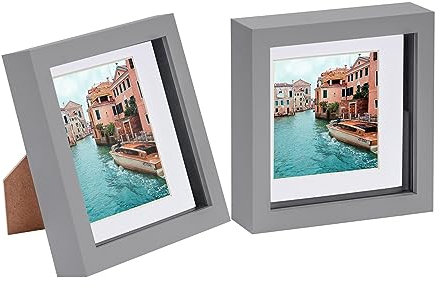Nicola Spring - 3D Box Photo Frames with 4 x 4 Mounts - 6 x 6 - Grey/White - Pack of 2