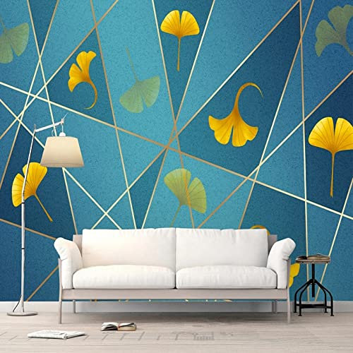 Vlies Fototapete Blaues geometrisches Ginkgo Blatt 3D Effekt Vlies Tapeten Wandtapete XXL Moderne Wanddeko Wohnzimmer Schlafzimmer Büro Flur 450 cm B x300 cm H