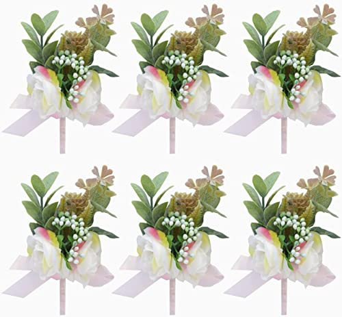 Abschlussball-Blumen, Handgelenk-Blume, Hochzeitsstrauß, Boutonniere für Männer, Hochzeits-Set, 6 Stück, künstliche weiße rosa Rose, Hochzeits-Ansteckblume und Boutonniere-Set, Bräutigam-Taschenblume
