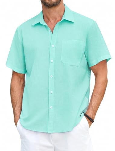 HISDERN Herr kortärmade linnetröjor ledig button-down vanlig skjorta med ficka för sommar strand normal passform, Mintgrön, L