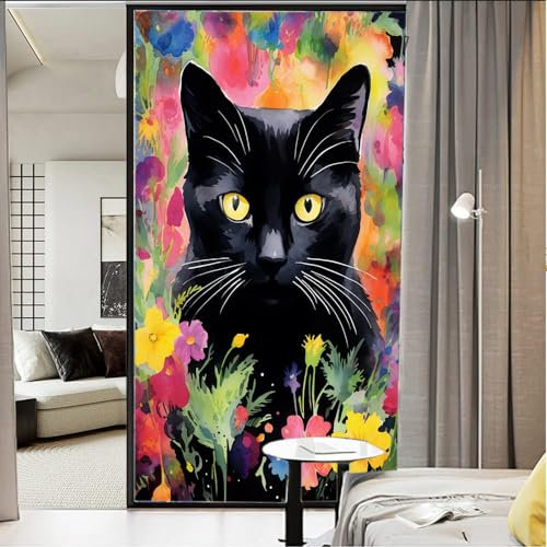 Fensterfolie für Fenster, Aquarell, schwarze Katze, Natur, Pflanzen, Tiere, Retro-Buntglas-Fensterabdeckungen, statisch haftende Fensterfolie für Zuhause, Büro, Geschäfte, 70 x 120 cm
