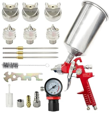 Awsuc HVLP Lackierpistole Spritzpistole 3 Düsen 1,4mm 1,7mm 2,0mm und 1000 ml Aluminium Tasse,Farbsprühsysteme mit einem Luftdruckregler,Farbspritzpistole kann für Autos,Möbel (Rot)