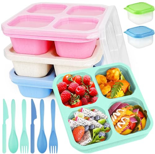 DONQL 4 Pezzi Scatola per Snack con Scomparti, Lunch Box Scatola Spuntino con coltello, forchetta, cucchiaio, scatola di salse, Riutilizzabile Bento Lunch Box per Snack, Frutta, Caramelle, Impilabile