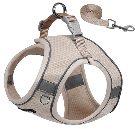 AIITLE Welpengeschirr und Leine, Set zum Spazierengehen, Step-in-Hundegeschirr, weich, atmungsaktiv, Haustierbedarf, reflektierende Bänder, für extra kleine Hunde und Hauskatzen, Beige, XXXS