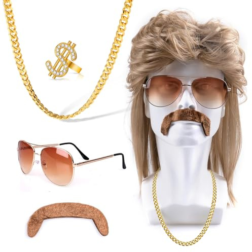 Mailfull 80er Jahre Outfit Herren 5er Set Hippie Accessoire 70er 80er Vokuhila Perücken Herren Für Cosplay Halloween Kostümfeste Mottoparty