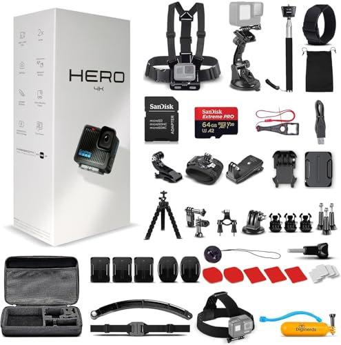 GoPro Hero (Go Pro Hero) Black Compact - Waterproof Action Camera with 4K Ultra HD Video, 12MP Photos, Stabilization + 50-in-1 Accessory Kit + 64GB Card + More