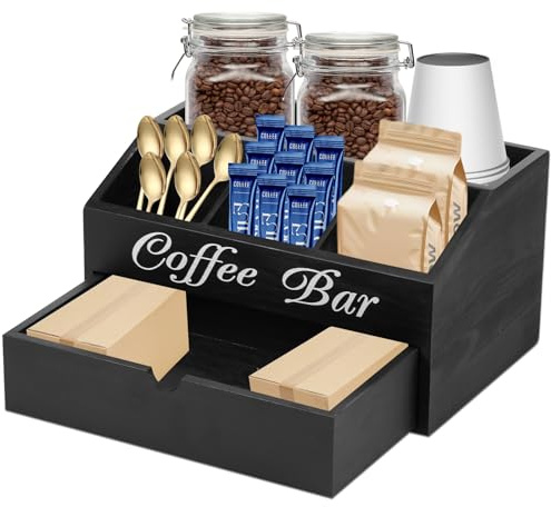 Organiseur de station de café avec tiroir à 5 compartiments - Boîte à thé vintage en bois pour dosettes de café, condiments - Pour comptoir, sucres et édulcorants (noir)