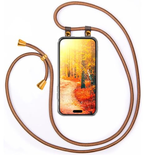 moex Handykette für iPhone 16 Hülle mit Band abnehmbar, Handyhülle mit Kette zum Umhängen, Handyband 155 cm lang Stoff Kordel Umhängehülle, Handy Umhängeband, Golden