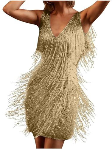 DUHENWU Fransen Kleid Gold Mit Federn Disco Outfit V-Ausschnitt Sexy Kurz Latein Tanzkleid 20Er Jahre Kleid Damen Pailletten Fransenkleid Ärmellos Formal Cocktailkleid Quaste Partykleid