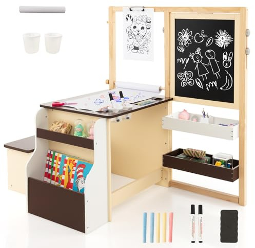 HOMASIS 6 in 1 Kindertafel, Holz Kindertisch Stuhl Set mit Staffelei, höhenverstellbare Maltafel mit Kreidetafel & Whiteboard & Papierrolle, Kindersitzgruppe für Kinder ab 3 Jahren (Braun)
