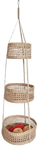 CFY652 Frutero Cesta de Frutas for Colgar en la Pared de 3 Niveles for Cocina, Mimbre Tejido Hecho a Mano, Ideal for Almacenamiento de Frutas, Verduras y Plantas Cesta Fruta