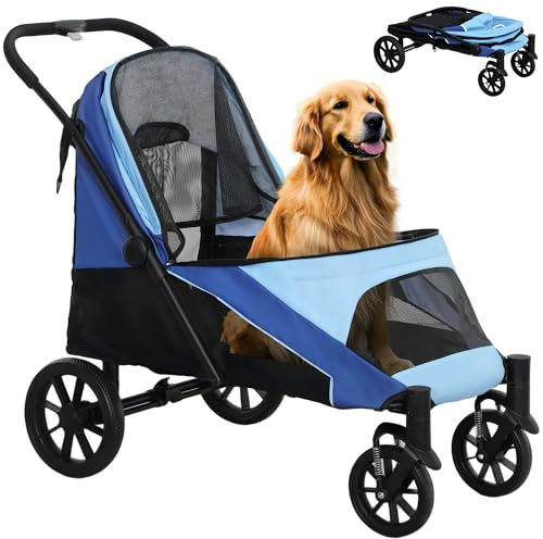 PawHut Passeggino pieghevole per cani Grande passeggino per cani con ruote grandi Cinghie di sicurezza grandi Telaio imbottito Cuscino lavabile 124x67x100 cm Blu