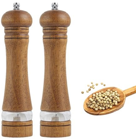 NEXROLA Molinillo Pimienta Madera Manual 2PCS, Salero y Pimentero con Ventana Acrílica Transparente y Fuerte de Cerámica Ajustable, Molinillo de Sal Marina para Pimienta y spice, Pepper Grinder (22cm)