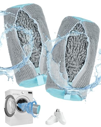 2 Stück Schuhwaschbeutel Waschmaschine Schuhbeutel 40x20cm mit Reißverschluss Wäschesack Schuhe 360° Reinigungsflaum Sneaker Waschbeutel für alle Schuharten und Größen wiederverwendbar robust, Grau
