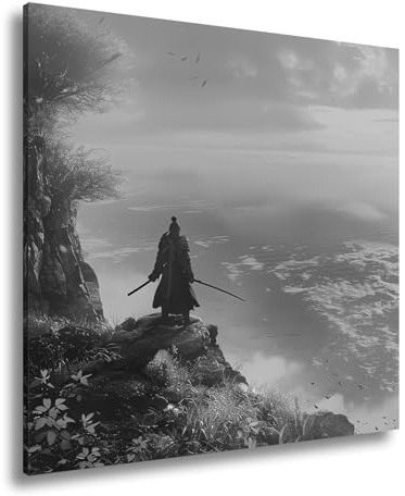 deyoli Leinwandbild Samurai im Sonnenuntergang – Stille Ehre am Horizont. Format: 40x40cm Effekt: Schwarz&Weiß XXL Kunstdruck Bild auf Keilrahmen/Wandbild/Wohnzimmer Dekoration