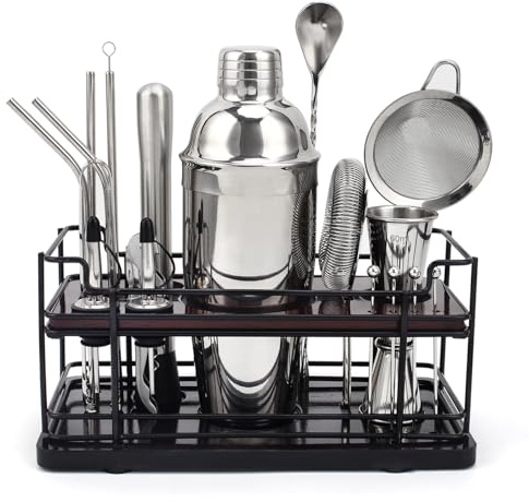 Kit cocktail complet 20 pièces avec support, shaker à cocktail 750 ml en inox, comprenant doseur cocktail, pilon et autres accessoires pros, set machine à cocktails pour fêtes, maison et bar (argenté)