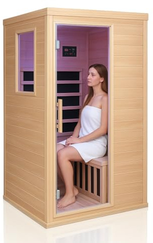 Ferninfrarot-Sauna 1 Person Tannenholz Heimsauna 5 Infrarot-Heizelemente Bluetooth 7-Farben Chromotherapie EMF-arm Seitentür mit Sicherheitsglas