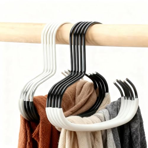 8 Porte-Écharpes avec Cintres Gain de Place - Range Cravates et Ceintures Anti-Glissement, Organisateur de Foulards pour Placard et Dressing (Noir + Blanc)