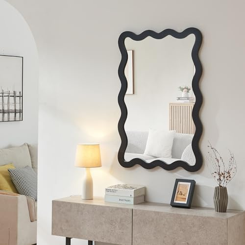 [en.casa] Wandspiegel Koster Spiegel hängend mit Rahmen in Wellenform 90 x 60 cm Hängespiegel Badspiegel zum Aufhängen Dekoration Flur Schwarz