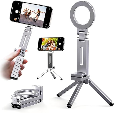 Trépied magnétique 3 en 1 pour téléphone portable - Mini perche à selfie pliable en aluminium - Compatible avec iPhone 16, 15, 14, 13, 12, Magsafe, Sumsung, noir (argent)