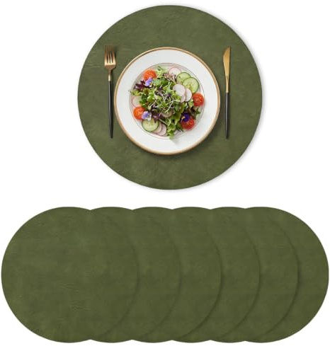 Artoid Mode Set de 6 manteles Individuales Redondos de Piel sintética PU Verde Oliva, 38 cm, repelentes a la Suciedad, Resistentes al Calor, manteles Individuales Decorativos para la Cocina.