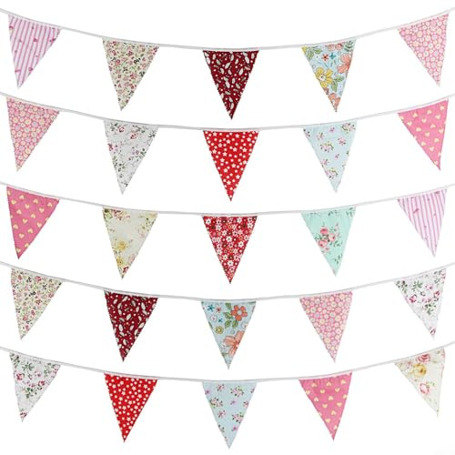 Zilimontt Festone vintage in tessuto di cotone floreale con 36 bandiere triangolari per matrimoni, feste di compleanno, giardino, decorazione esterna (colori misti)