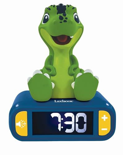 Lexibook, Dinosaurier, Nachtlicht-Wecker, RL800DINOLXB | Klänge und Melodien, LCD-Display mit Hintergrundbeleuchtung, Leuchtend, Schlummerfunktion, Blau/Grün