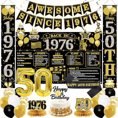 Roetyce 50th Birthday Decorations Men Women, Black Gold Back in 1976 Poster Backdrop Balloons Hanging Swirls, Happy 50th Birthday Sash Door Banners, Awesome Since 1976 50 Years Old Party Supplies