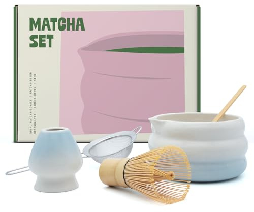 Matcha Set aus Keramik | inkl. Matcha-Schale, Bambus-Besen, Besenhalter, Bambuslöffel & Sieb | Traditionelles Matcha Tee Set | Matcha Schüssel mit Ausgießer | Geschenk für Matcha-Liebhaber (Blau)
