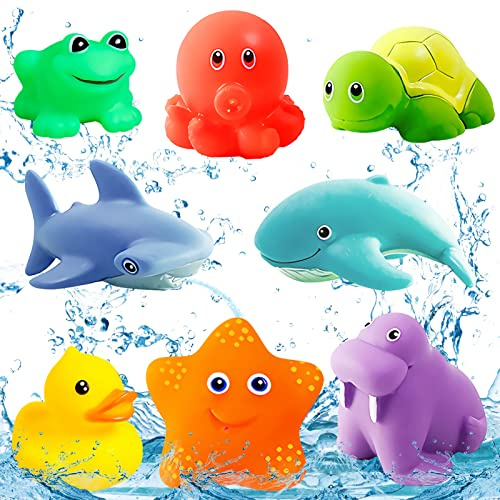 TOPJOWGA Giocattoli da Bagnetto per Bambini, 8 Pezzi Bagnetto Animali Giocattolo, Giocattoli per Bagnetto, Giochi da Bagno Galleggianti, Bagnetto con Animale da Oceano per Bambini