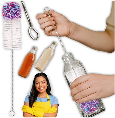 KRUMAD Cepillo de botellas, limpiador de botellas largas para botellas y decantadores de vidrio, cabezales suaves de algodón y nylon, cepillo de limpieza de 35 cm para botellas de cocina y bebederos
