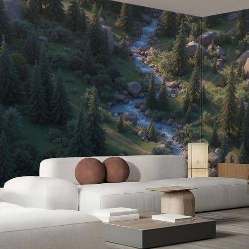 Wald Felsen Fluss Fototapete Pflanzenlandschaft 350X256Cm Tapete Dunkelgrün Tapeten Wanddeko Wohnzimmer Wandbild Moderne Schlafzimmer Wandtapete Ornamente Mustertapete