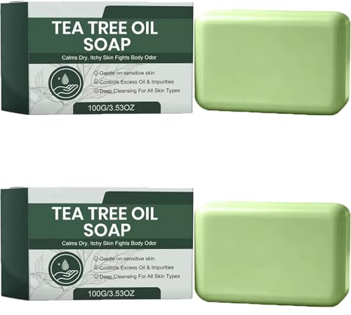 Jabón limpiador de aceite de árbol de té, barra de jabón para cara, cuerpo y manos, limpieza profunda, jabón orgánico natural adecuado para hombres y mujeres, enjuague limpio, 100 g. (2)