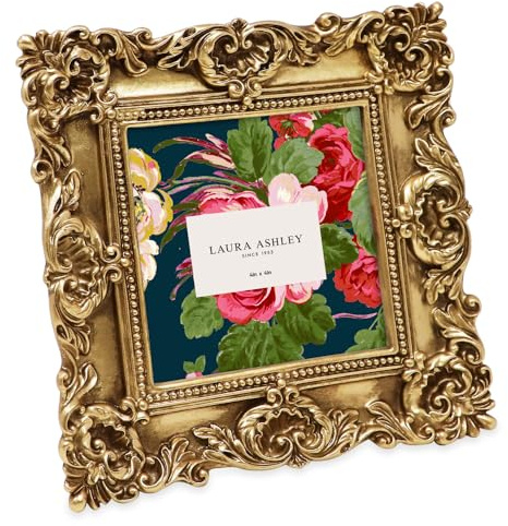 Laura Ashley 4x4 Gold Ornate Textured Hand-Crafted Resin Picture Frame with Easel & Hook for Tabletop & Wall Display, Decorative Floral Design Home Decor, Photo Gallery, Art, More (4x4, Gold)