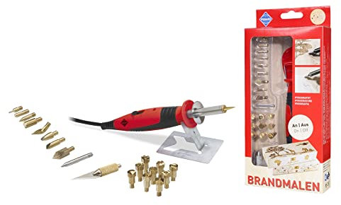 Pebaro 0262 Brandmalkolben mit An/Aus-Funktion, 9 Brennstempel, 9 Spitzen, Lötspitze, Styropormesser, Brandmalerei, Pyrographie, Holzbrennen, Holzbrenner, Löten, Styropor schneiden, Basteln mit Holz