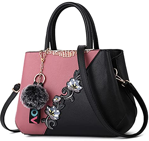 DIRRONA Sac à Main Femme Élégant – Sac Bandoulière Multicolore à Broderie Florale avec Pompon Mignon Imperméable – Idéal pour Le Travail Le Voyage la Soirée Le Mariage Rose poudré